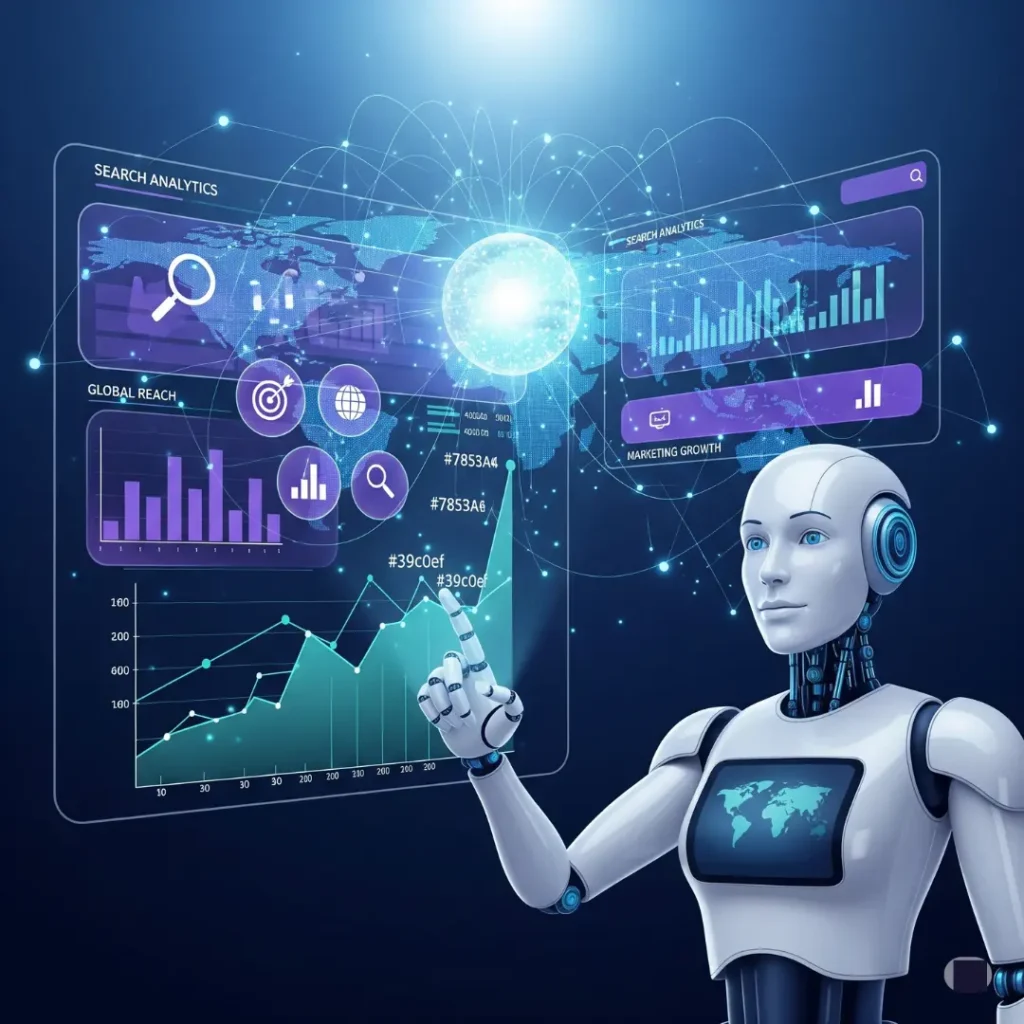 AI robot analyzing digital search analytics and global marketing graphs, symbolizing Pro Ad Marketer’s AI Driven Search Engine Marketing services