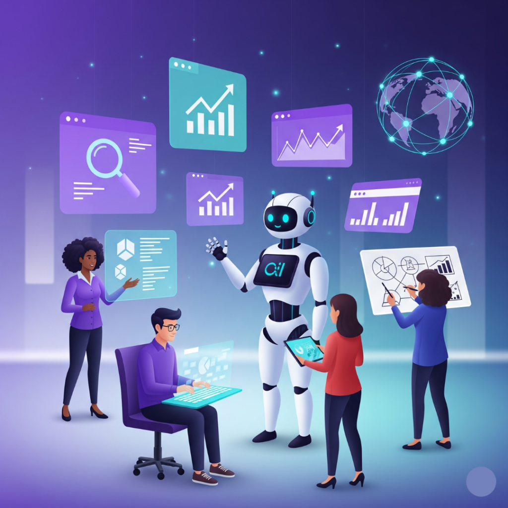 Diverse marketing team and AI robot collaborating on digital search marketing strategy, with global network and analytics icons